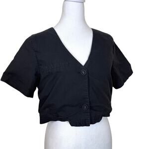 Princess Polly Elianna Black Cropped Button Front Top Short Sleeve V Neck Sz 10